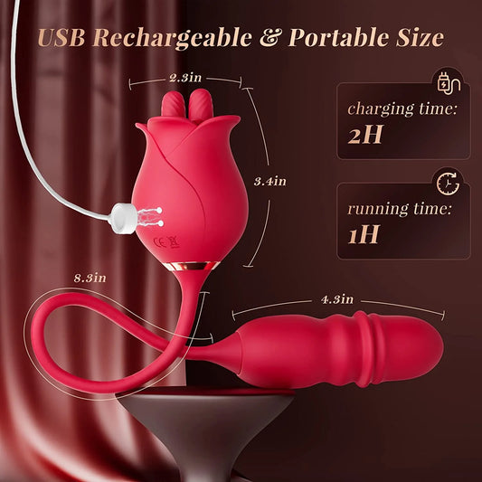 3-in-1-einführbares Rosenspielzeug mit doppelter Zungenleckstimulation